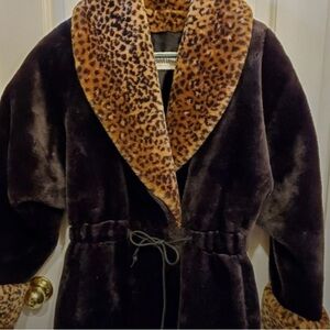 Vintage-Inspired Faux Fur Leopard Trim Coat - Dark Brown/Black size XL